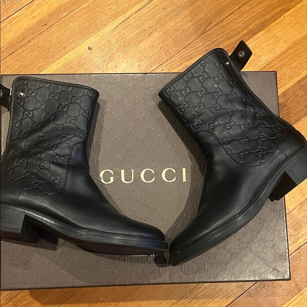 Gucci Embossed Black Leather Ankle Boots